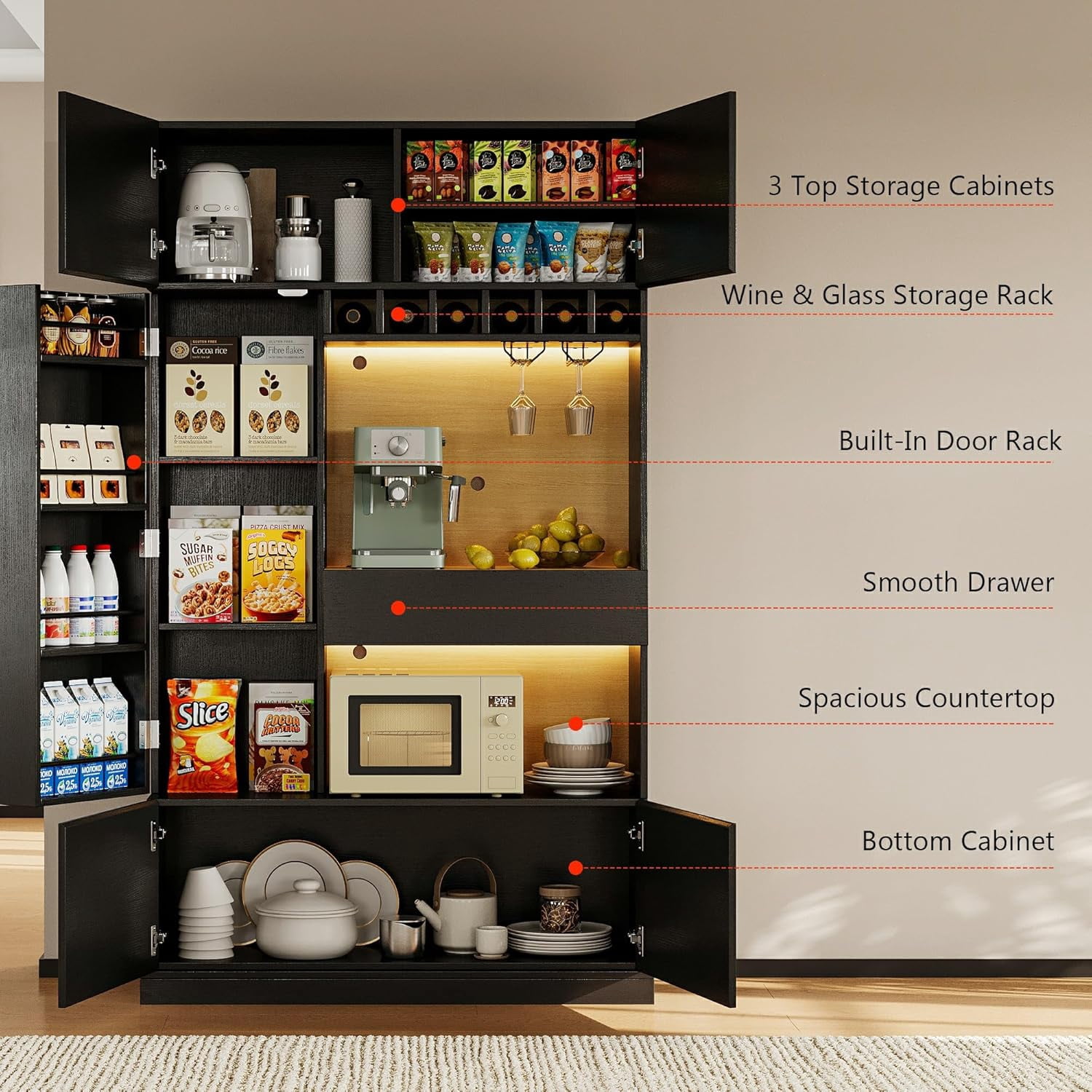 iPormis 69" Tall Kitchen Pantry Storage Cabinet with LED Lights & Microwave Stand & Wine Rack for Living Room, Black