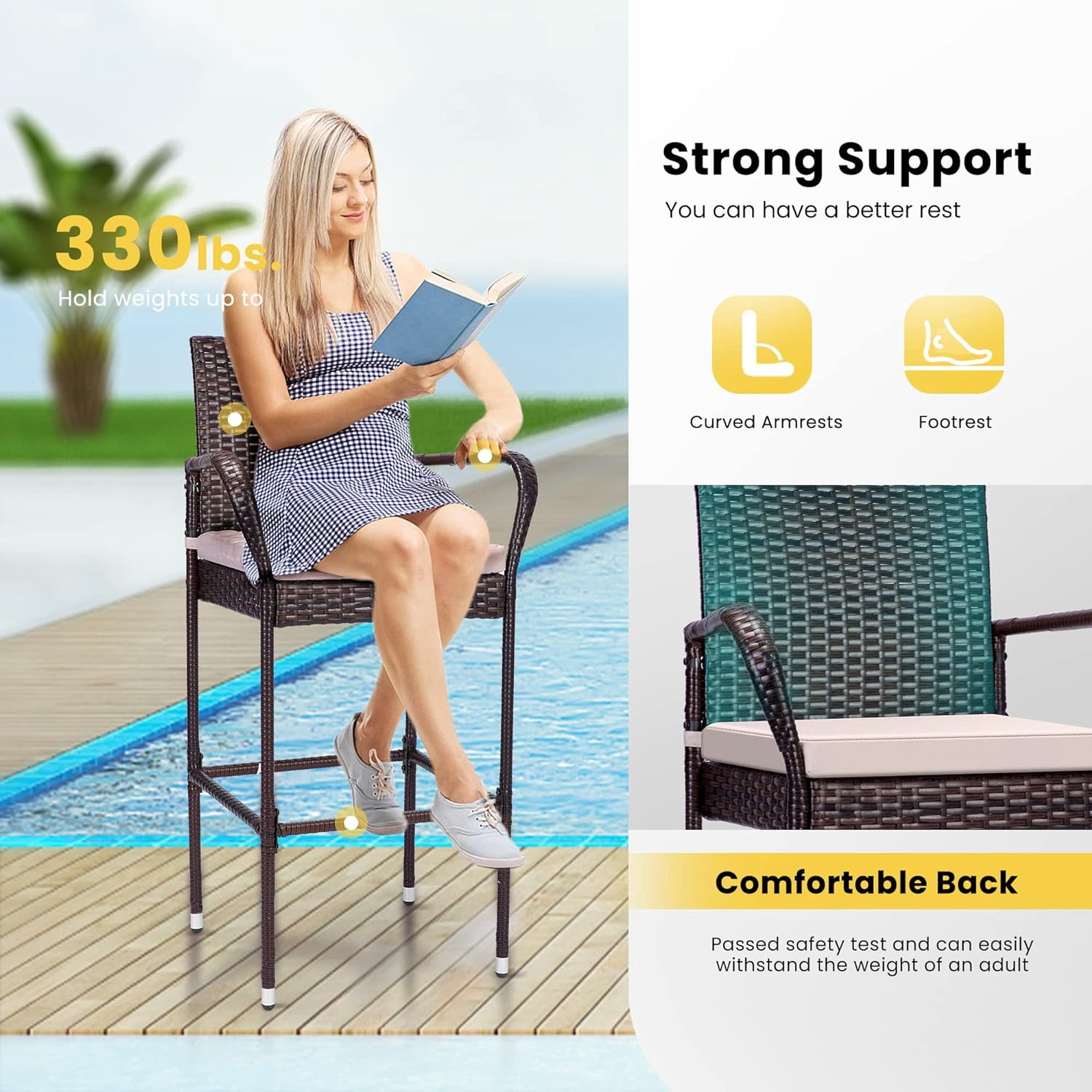 SPECSTAR Outdoor Wicker Bar stools Chair with Armrests and Cushions, 2-Packs Set