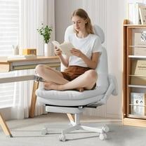 Criss Cross Chair with Wheels & Flip-up Arms, Executive Office Chair with Foot Rest, Swivel Cross Legged Office Chair, Corduroy Fabric  Computer Desk Chair, Vanity Chair for Home, White