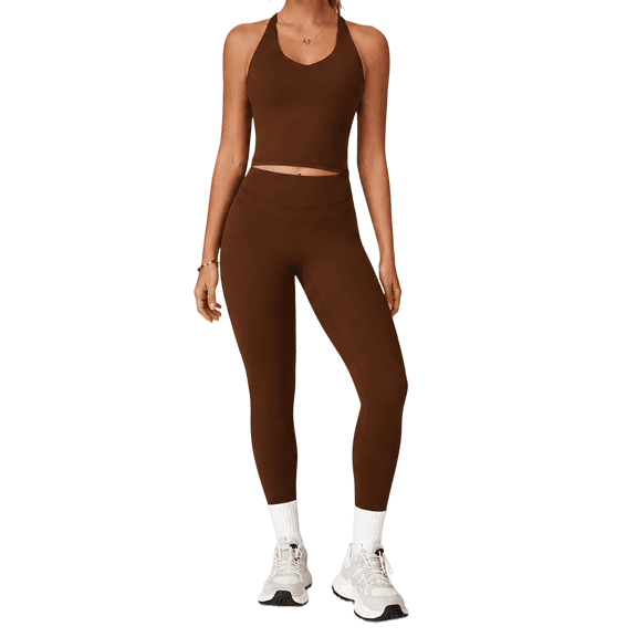 Feekit Women's 2-Piece Yoga Set, Built-In Bra Tank and High-Waist Leggings