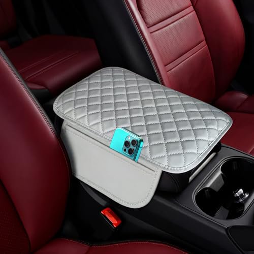 Car Middle Center Console Cover with 2 Storage,Microfiber Nappa Leather Gray Car Armrest Cover Cushion with 2 Bags,Universal Car Armrest Storage Box Car Interior Accessories for Most Vehicles