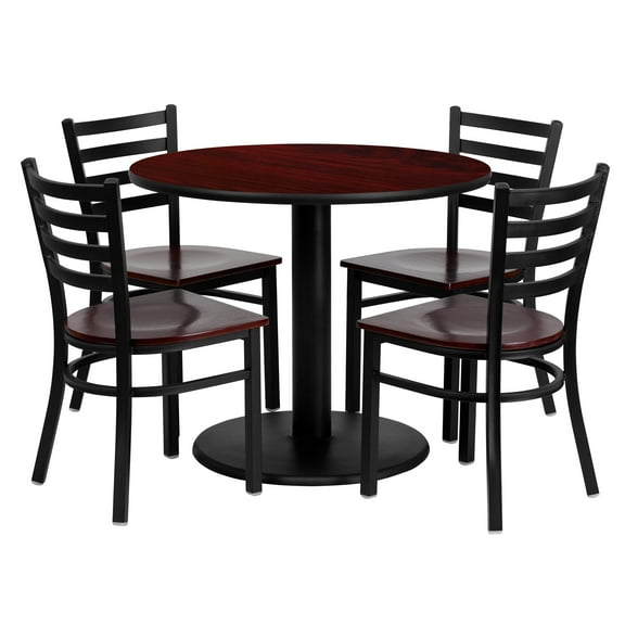Flash Furniture 36'' Round Mahogany Laminate Table Set with 4 Ladder Back Metal Chairs - Mahogany Wood Seat