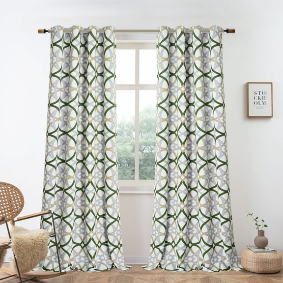 DriftAway Alexander Thermal Blackout Grommet Unlined Window Curtains Spiral Geo Trellis Pattern Set of 2 Panels Each Size 52 Inch by 84 Inch Loden Green