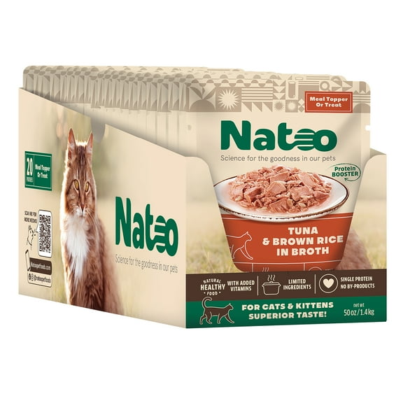NATOO Cat Food Topper for Picky Eaters & Healthy Soft Cat Treat (Tuna & Brown Rice in Broth), Wet Cat Food, Gravy Cat Food, High Protein & Limited Ingredient Cat & Kitten Food, 2.4 oz (Case of 20)