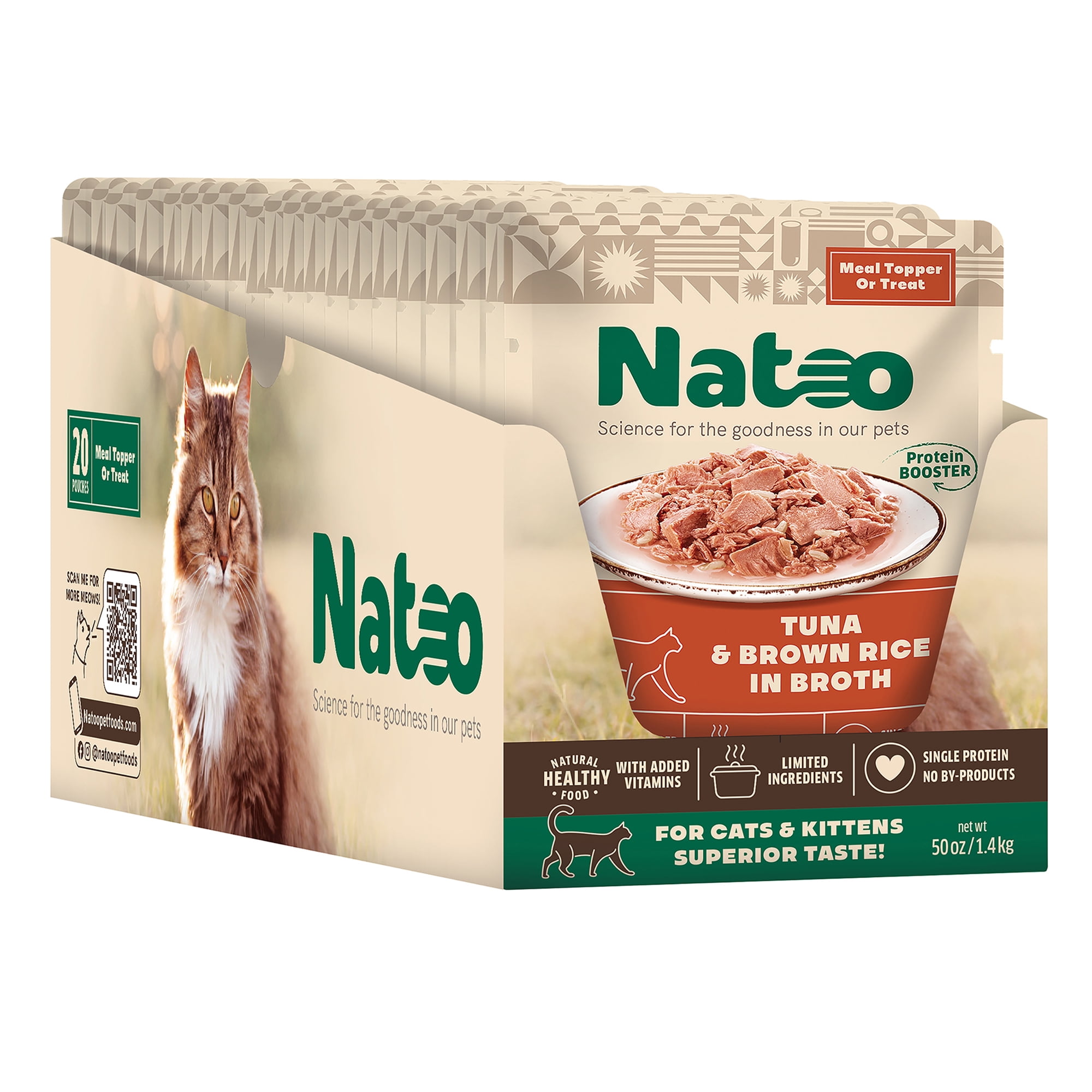 NATOO Cat Food Topper for Picky Eaters & Healthy Soft Cat Treat (Tuna & Brown Rice in Broth), Wet Cat Food, Gravy Cat Food, High Protein & Limited Ingredient Cat & Kitten Food, 2.4 oz (Case of 20)
