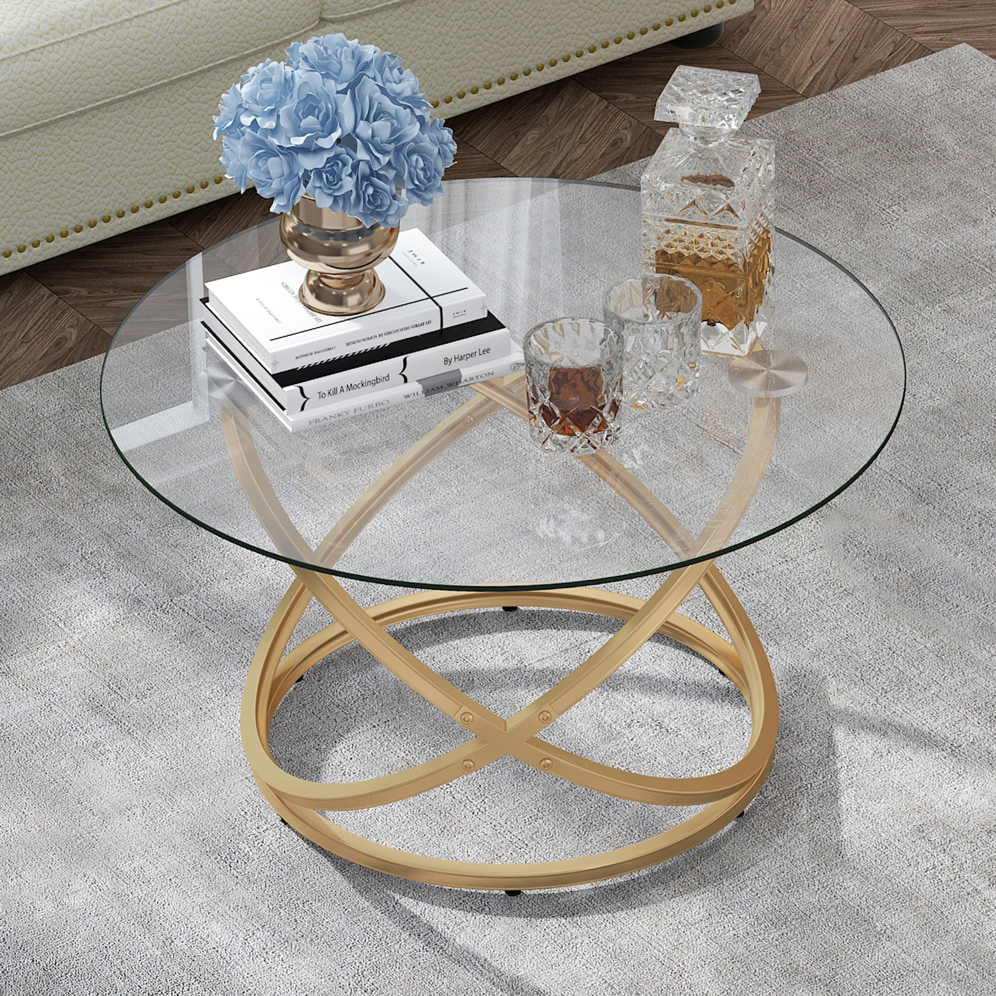 ASYA Modern Glass Coffee Table, 32'' Round Center Table with Metal Frame, Gold Accent Table for Living Room Office