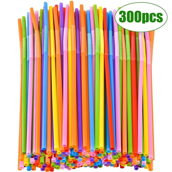 Drinking Straws, Bendy Straws, 10.2" Long, 0.23'' Diameter, 300 Pcs, Colorful Disposable Flexible Plastic