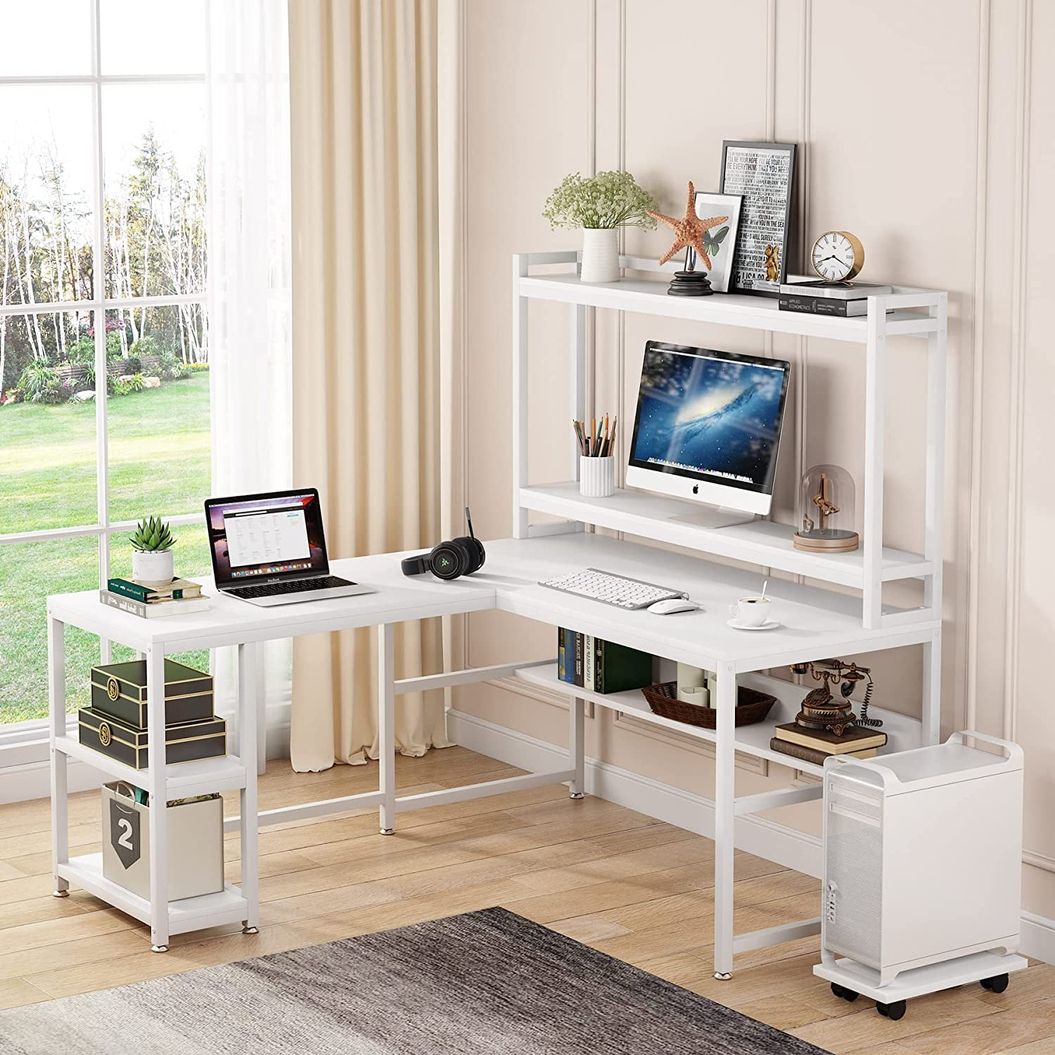 Computer Desk w/Drawer White Desktop Table Study Workstation Office w/Bookshelf 