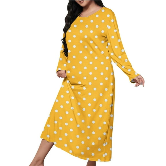 Womens Long Sleeve Nightgown Casual Crewneck Polka Dot Sleep Tshirts Dress Sleepwear Soft Pullover Nightdress Yellow, 5XL