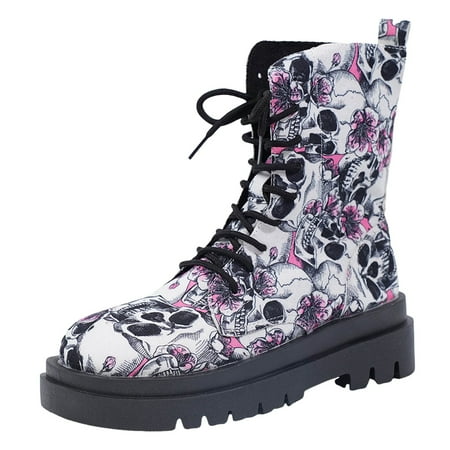 

DVKOVI Wide Calf Boots Short Cowgirl Boots Mid Calf Boots Lace Up British PU Work Boots Printed Soft Insole Warm Breathable Lining for Ladies Fall Winter Pink 35