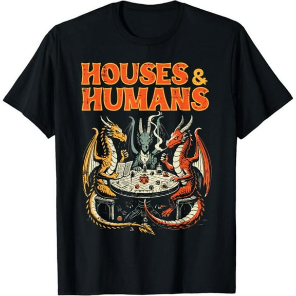 Fantasy Dragons - Themed Printed Tee,Tops Features "HOUSES & HUMANS" Text with Dragons Playing Game Illustration, Round Neck Regular Fit T - shirts, Size(S - 5XL)