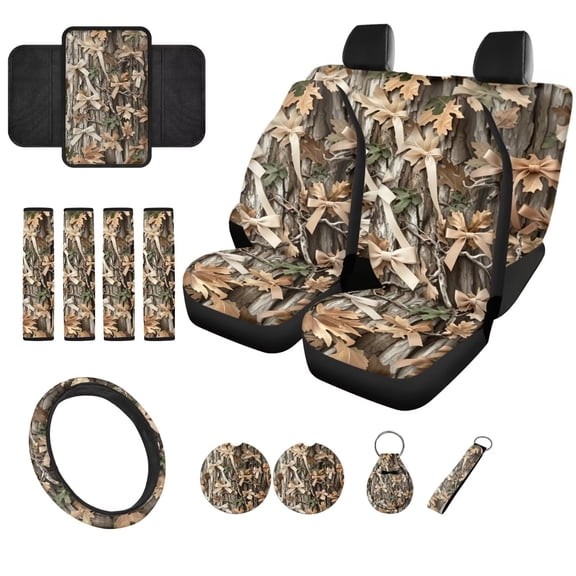chaqlin Camo and Bow Print 14 PCS Car Seat Cover Set for Women with Steering Wheel Seat Belt Covers Center Console Pad Coasters Auto Accessories Decor Washable