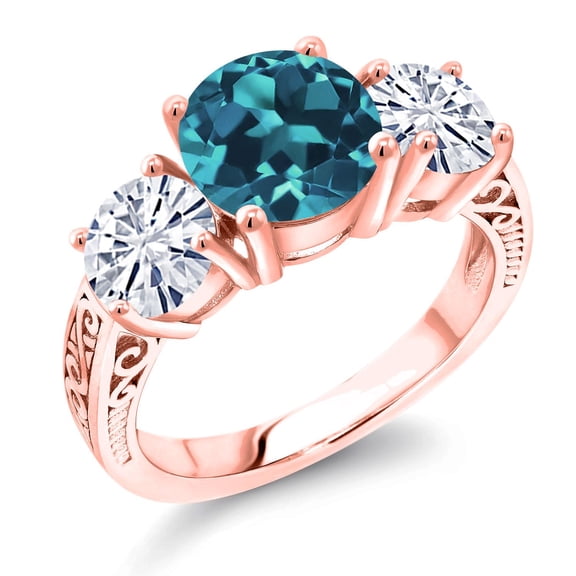 Gem Stone King 18K Rose Gold Plated Silver London Blue Topaz and White Moissanite Engagement Ring for Women | 4.10 Cttw | Round 8MM | Gemstone November Birthstone | Size 7