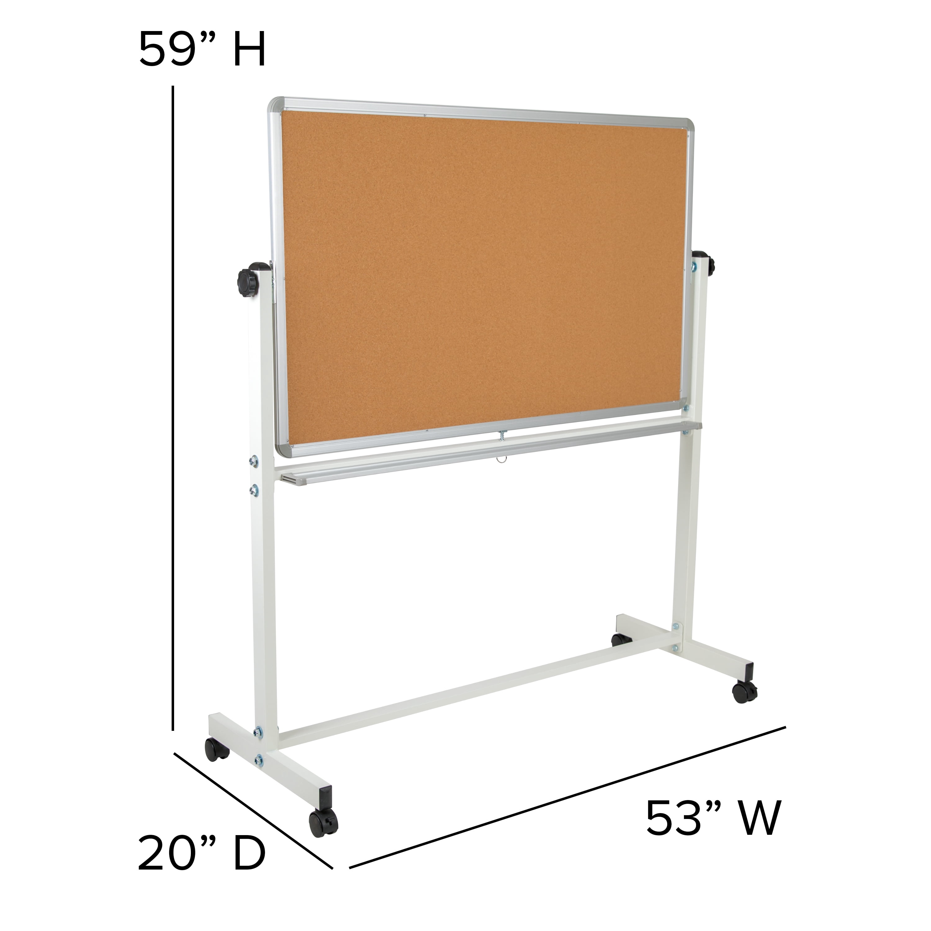 Emma + Oliver Reversible Mobile Cork Bulletin Board and White Board with Pen Tray, 53"W x 59"H
