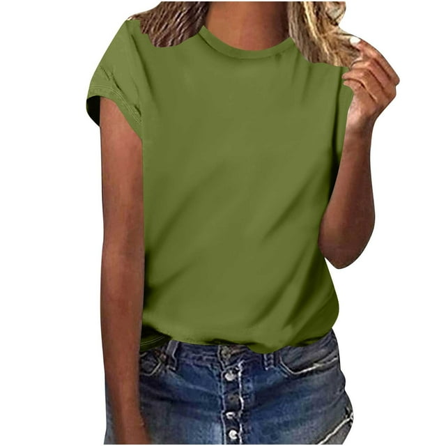 Swstbby Liquidation d'Été! Hauts d'Été pour Femmes Grande Taille, T-Shirt à Manches Courtes Col Rond Couleur Unie Décontracté Vert TG