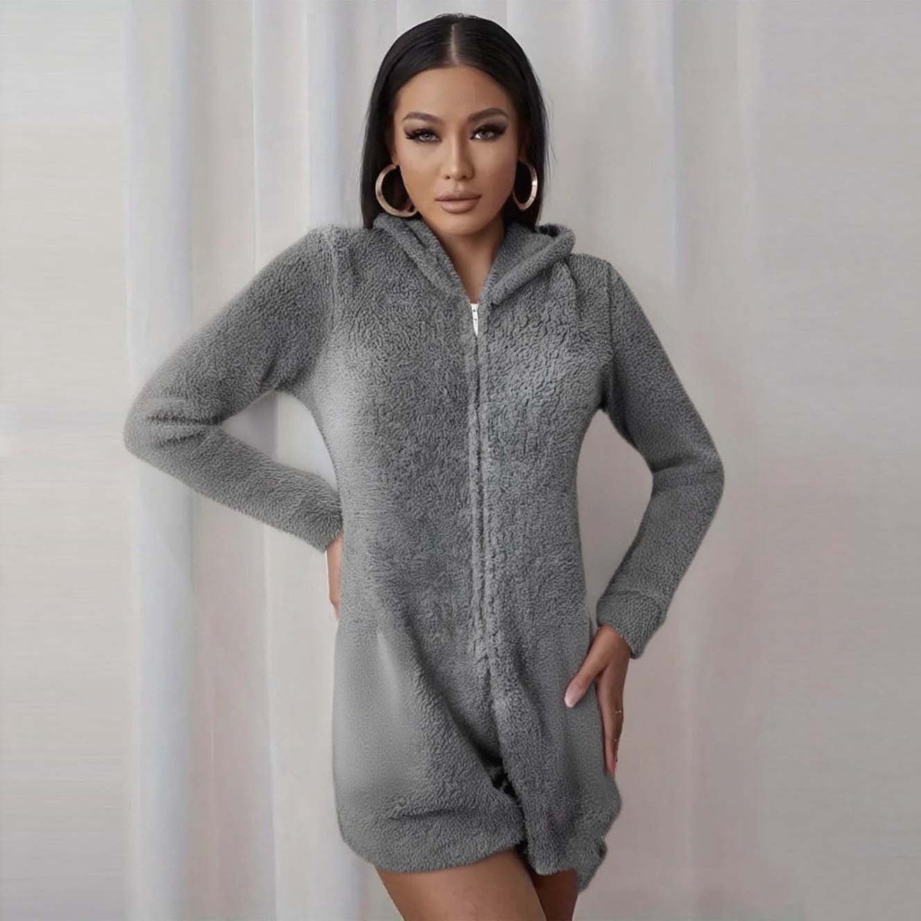 Womens Long Sleeve Onesies Pajamas Fuzzy Zip-Up Hooded Romper Warm Short Playsuit Jumpsuit Fleece Sherpa Sleepwear Gray, S
