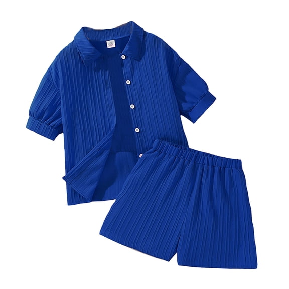 ZXLBBD Girls' Kids Cool Short Sleeve Solid Color Button Down Shirt with Comfort Shorts 2 Piece Casual Summer Outfits for Clothing Sets,Blue,Size 11 Y-12 Y