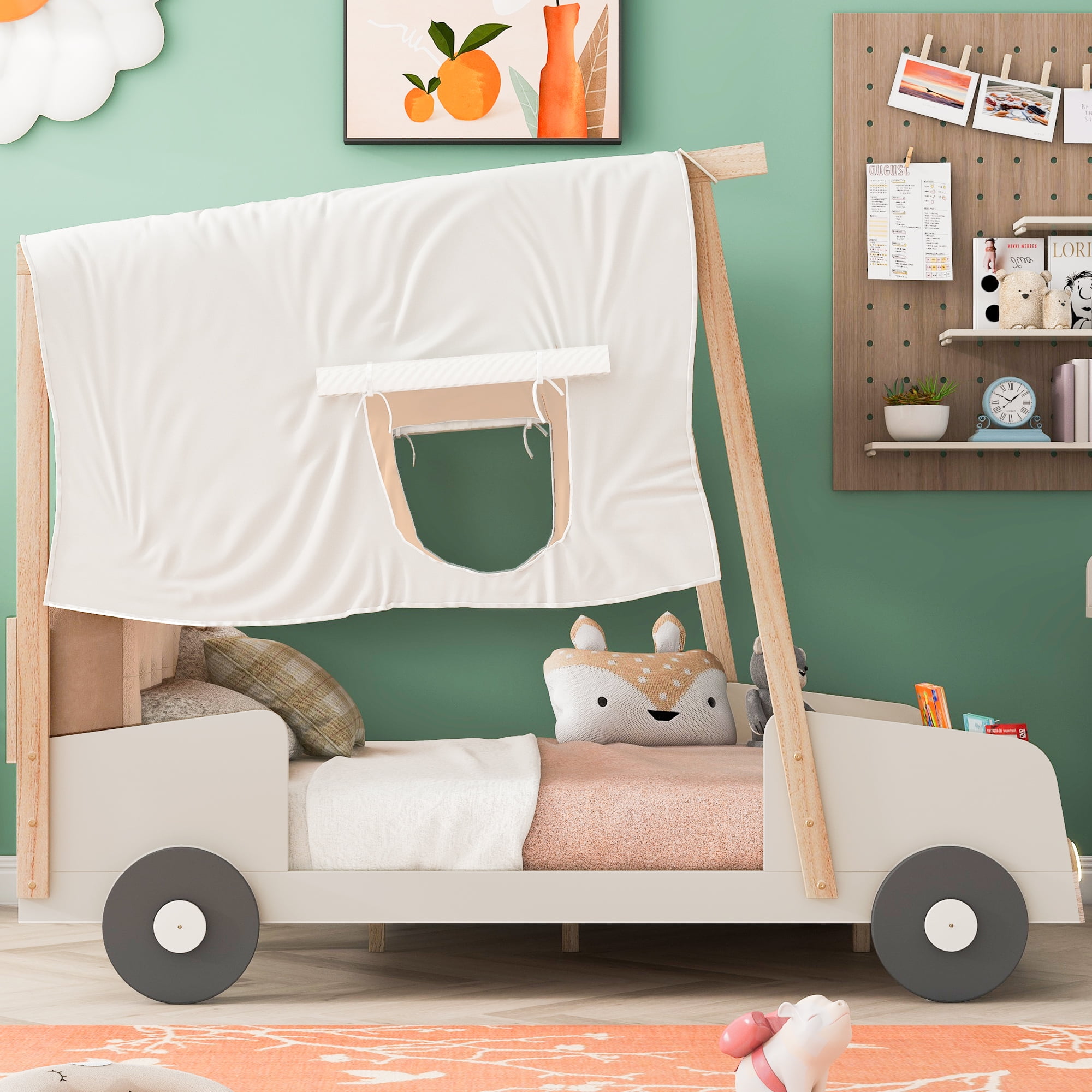 DSstyles Car-Shaped Platform Bed Frame For Kids With Headboard Pillow Ceiling Cloth LED Light For Toddler Children Boys Girls