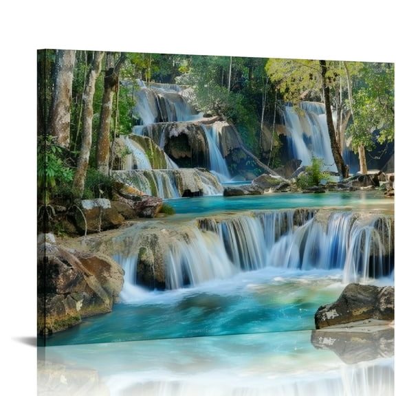 FCXZI Waterfall Trees Rocks Canvas Wall Art Decor for Home Living Room Bedroom Kitchen Bathroom Office Salon Bar, Ready To Hang Room Home Art Decor 16x12in