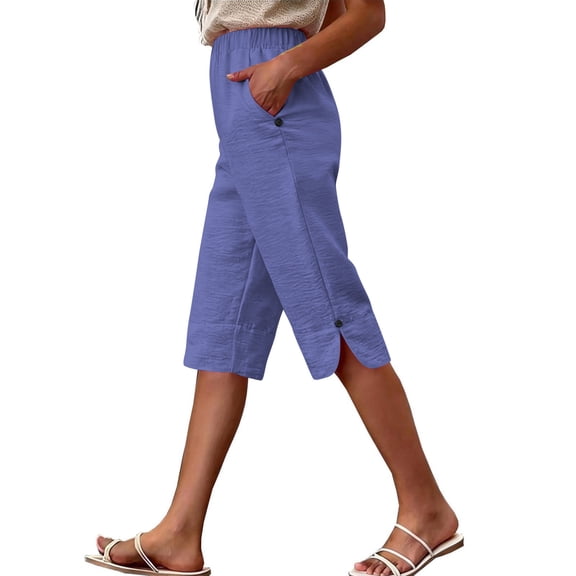 Long Shorts for Women Linen Capri Pants Womens Plus Size High Elastic Waisted Cropped Pants with Pockets Summer Capris for Women 2026