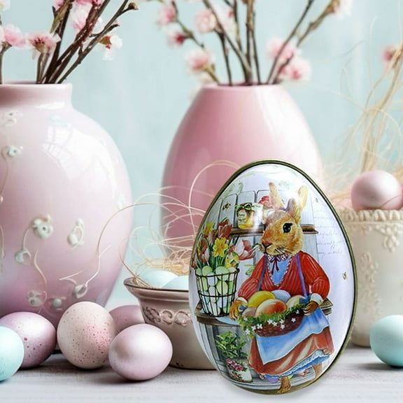 Painted Easter Egg Easter Tin Box Easter Bunny Shape Metal Filler Easter Egg Container Vintage Easter Egg Decoration for Easter Party Supplies for Kids Easter Party Favors (4.3IN)