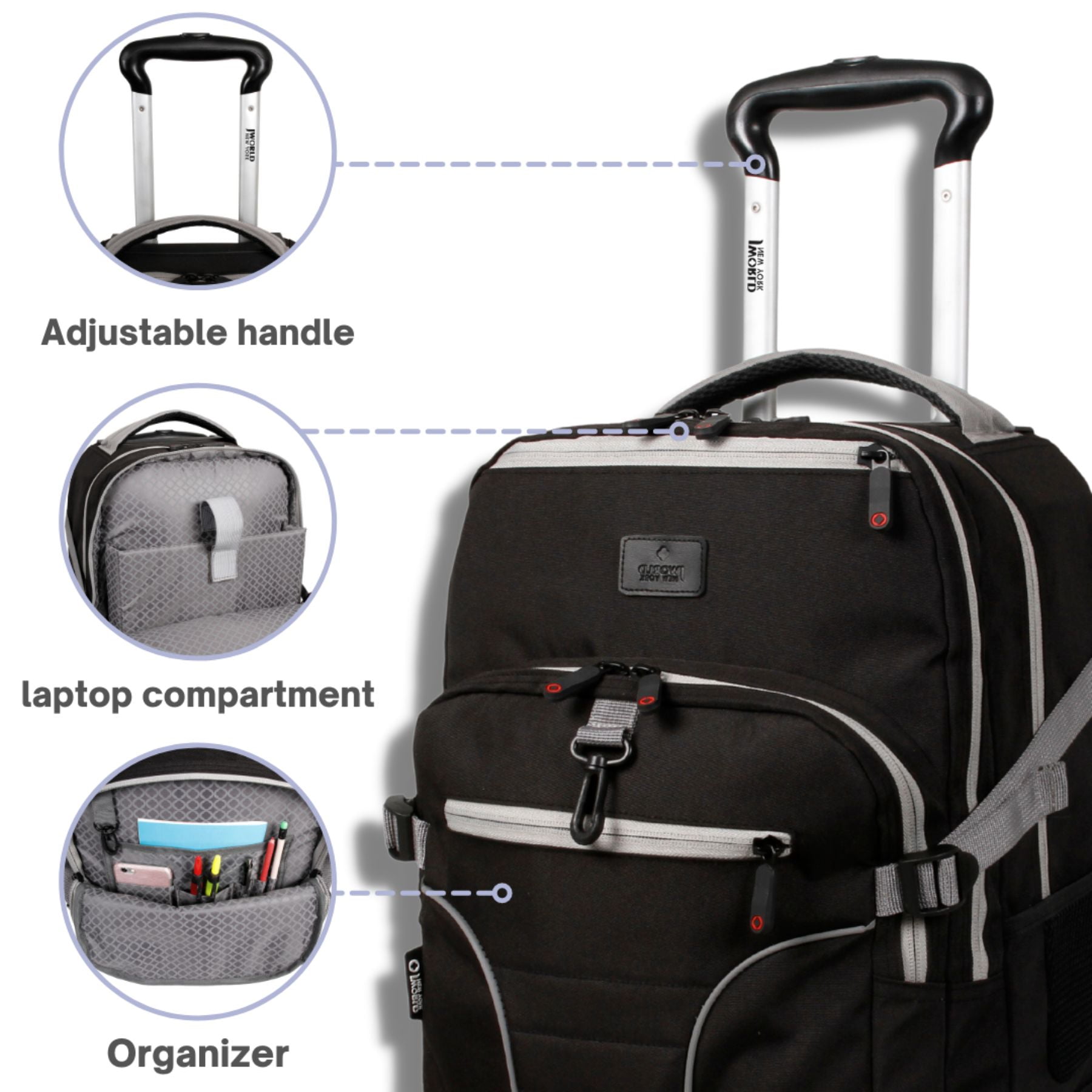 J World Unisex Lunar 19.5" Multi-Purpose Lapotop Rolling Backpack for School and Travel, Black