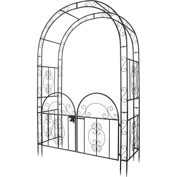 84in High Metal Garden Arbor with Gate, Heavy Duty Wide Garden Arch, Metal Arch Trellis with Gate for Climbing , Wedding, Outdoor Patio Décor, Black(84"x52.4"x19")