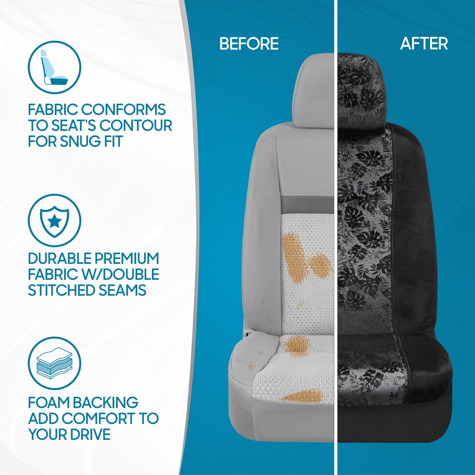BDK Black Maui Car Seat Covers for Front Seats, 2 Pack – Tropical Pattern with Matching Headrest, Sideless Design for Easy Installation, Fits Most Car Truck Van and SUV