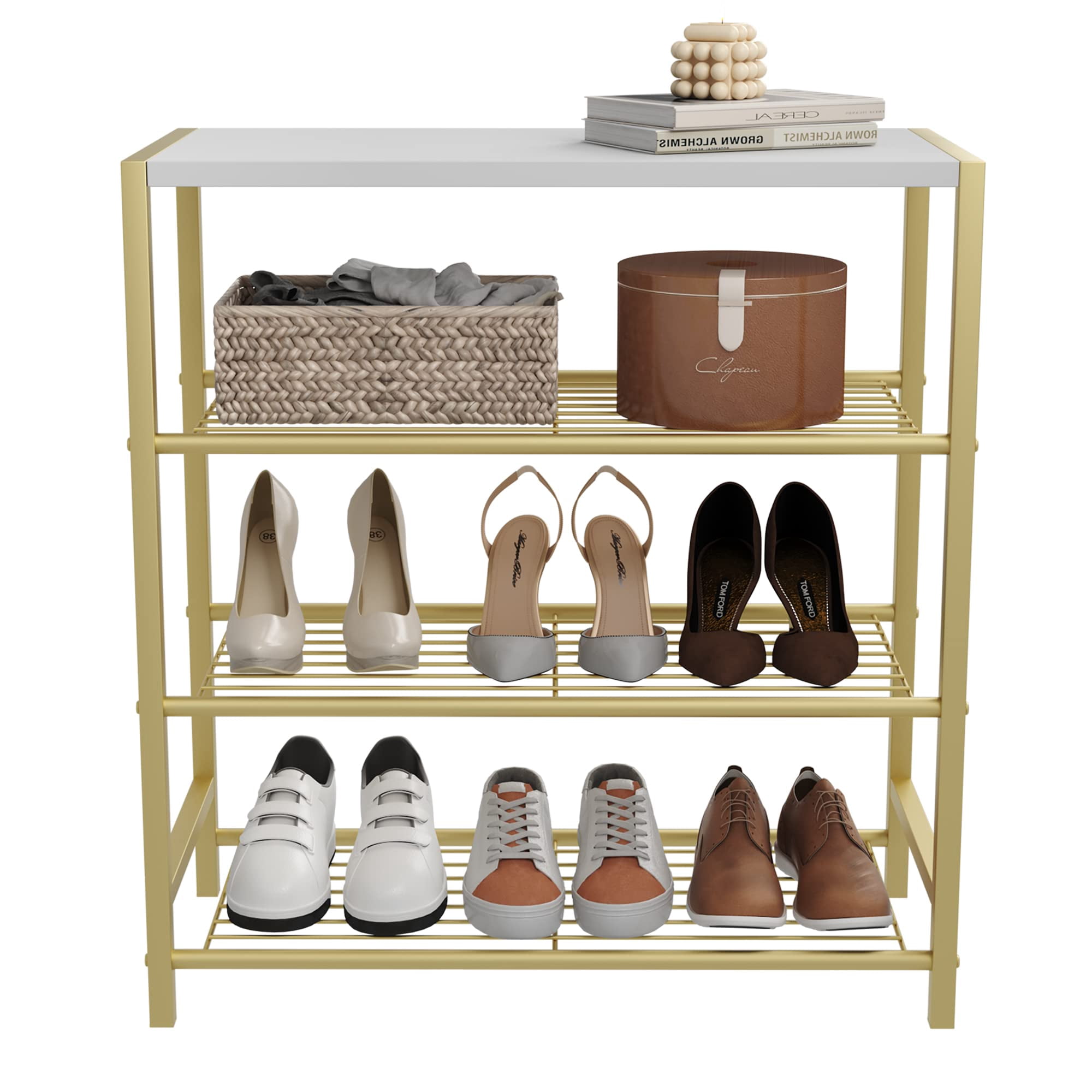 4-Tier Shoe Rack Organizer with MDF Top Shelf, Metal Shoe Storage Tower for Closet and Entryway, Rust Brown Shoe Shelf Fits 12 Pairs Shoes