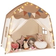thumbnail image 1 of Gymax Kids Play Tent w/Flags and Globe String Lights for 3-12 Years Old Indoor Outdoor Coffee, 1 of 10