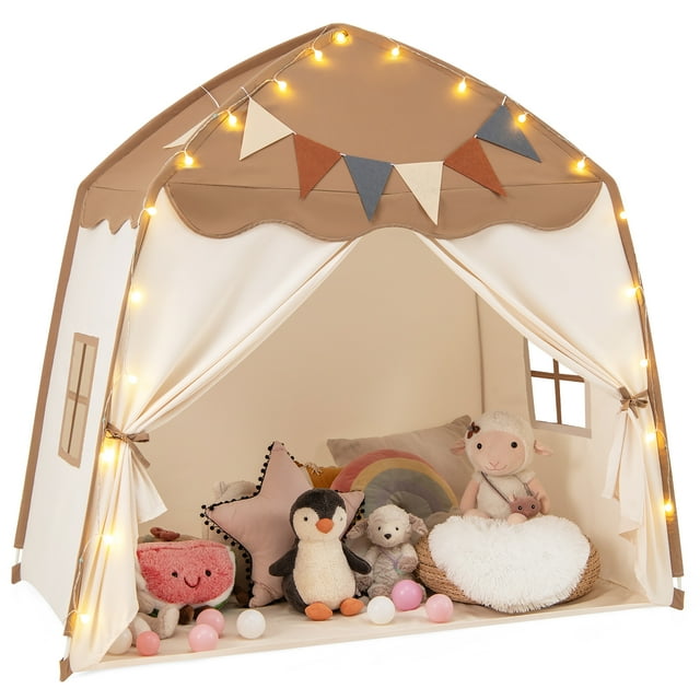Gymax Kids Play Tent w/Flags and Globe String Lights for 3-12 Years Old Indoor Outdoor Coffee