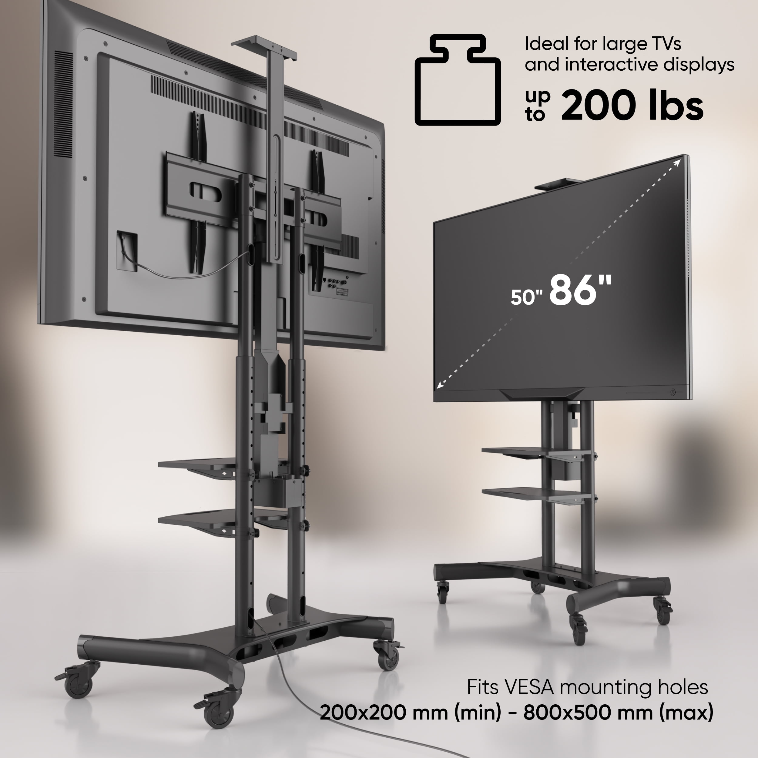 ONKRON Motorized Mobile TV Stand for 50”-86” TVs up to 200 lbs, Adjustable TV Lift, max VESA 800x500