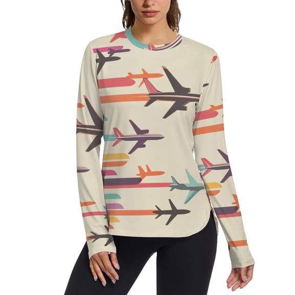 FORMRS Womens Long Sleeve Shirts UPF 50 Sun Protection Quick Dry Fishing Hiking Tops, Size S-2XL, Flying Planes