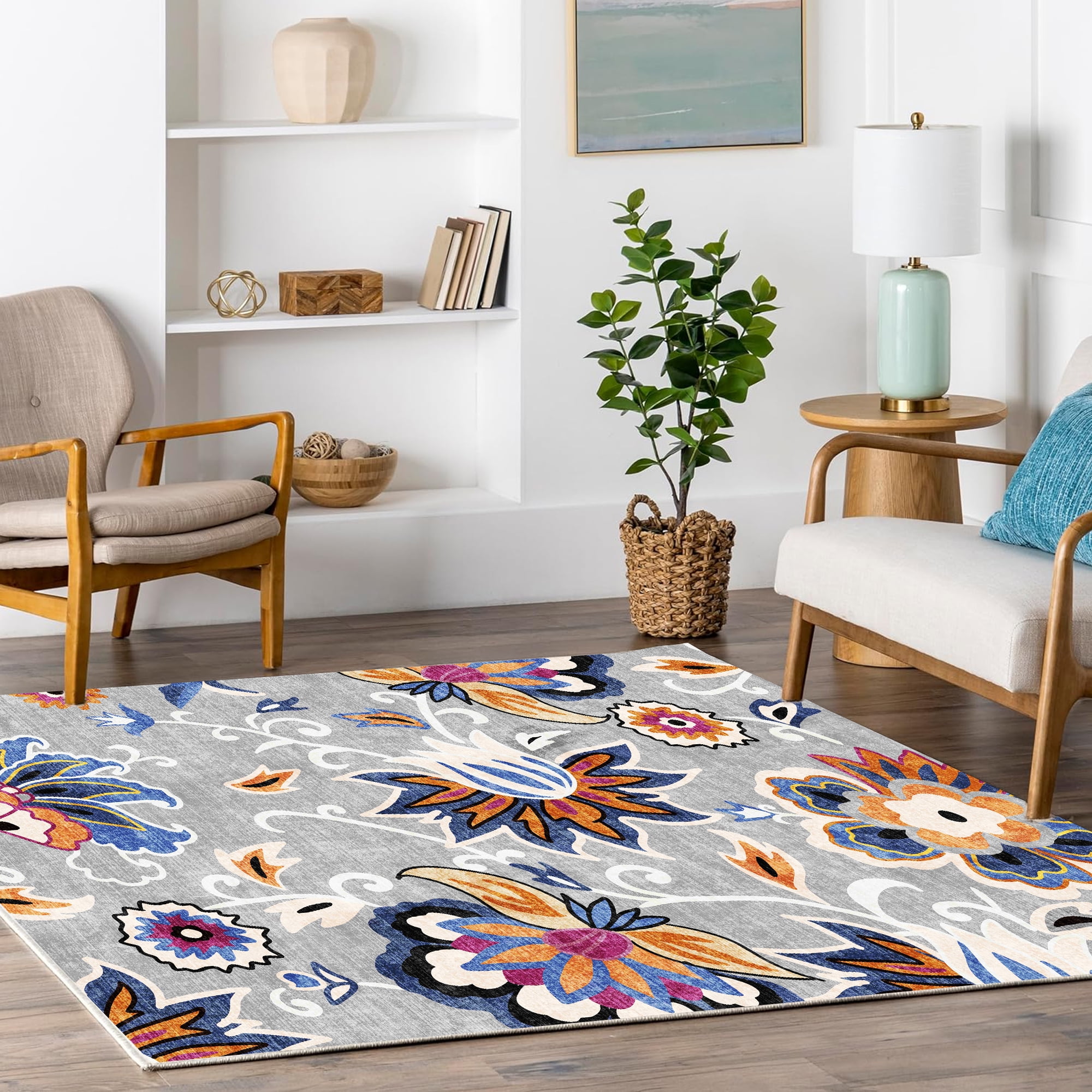 Dowellia Rugs for Bedroom,Floral Area Rug 4x6 Living Room Rug Non Slip Washable Bedroom Rug Soft Low Pile Flowers Floor Carpet for Living Dining Room,Blue