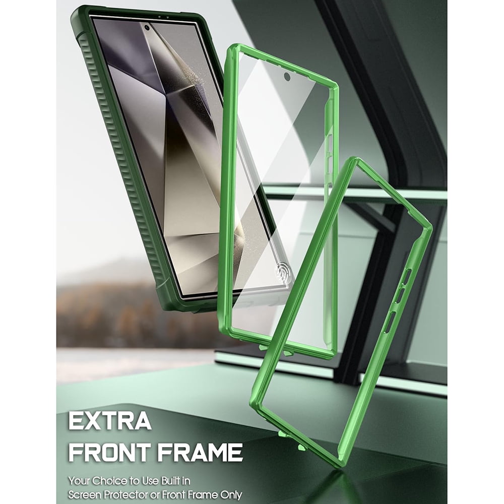Poetic Guardian Case for Samsung Galaxy S24 Ultra 6.8", [Built-in Camera Stand] [Screen Protector Work with Fingerprint ID] Full Body Shockproof Protective Rugged Clear Cover, Green/Clear