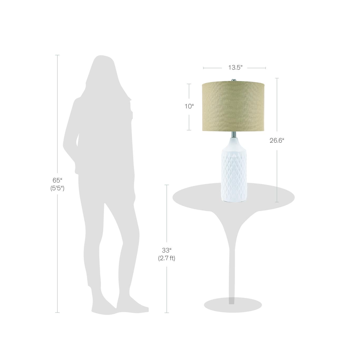 Cresswell Lighting 3-Way Quilted Ceramic Table Lamp with Natural Linen Drum Shade