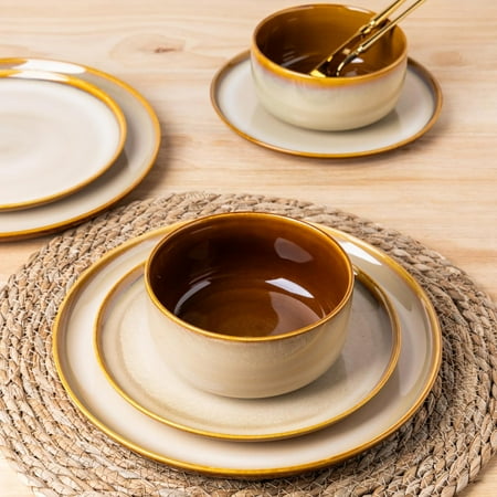 LeRatio Ceramic Dinnerware Sets for 4, 12-Piece Plates and Bowls