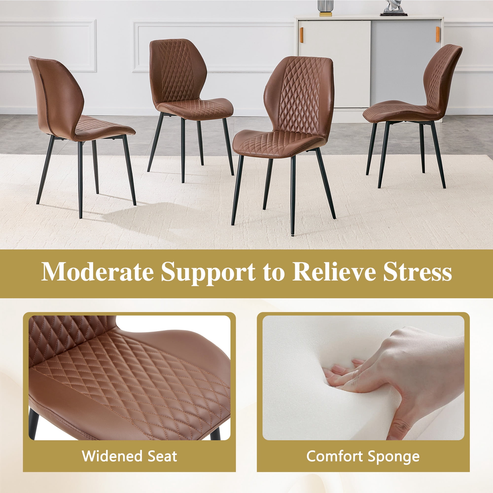 MOONMISS Dining Chairs Set of 4,Modern luxury Diamond-Quilted PU chairs with black metal legs for Dining Room Living Room,Brown