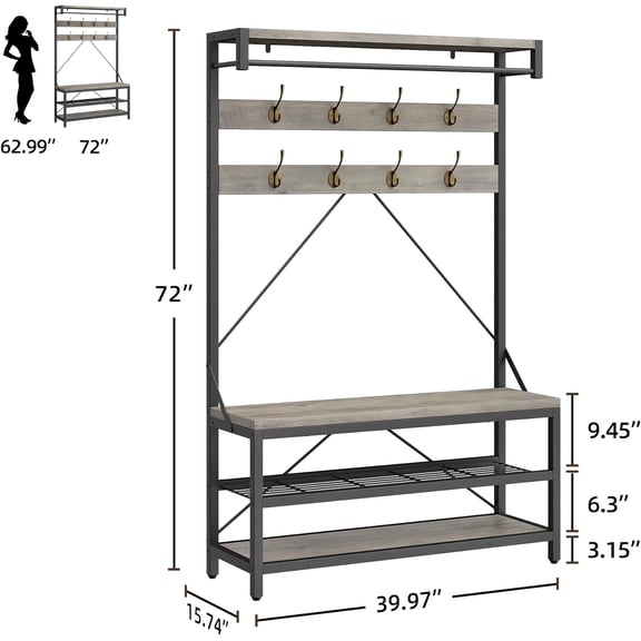 Industrial Hall Tree with  and Shoe Storage, Entryway Coat Rack with Shoe Rack, Mudroom Storage Hooks, Hanging Bar & Shelf, Wood Look Accent Entry  for Closet or Hallway, Gray