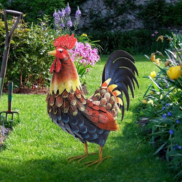 chisheen Coq Décor Statue de Jardin Métal Poulet Cour Art Sculpture Figurines en Plein Air, Cadeaux d'Anniversaire de Pendaison de Crémaillère pour les Femmes Maman Grand-Mère