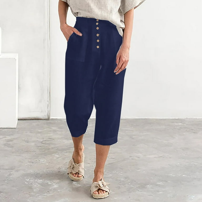 Casual High Waist Capri Pants for Women Solid Loose Cotton Linen Cropped  Leg Pants with Pockets Rolled Hem Lounge Pants(M,Navy) 