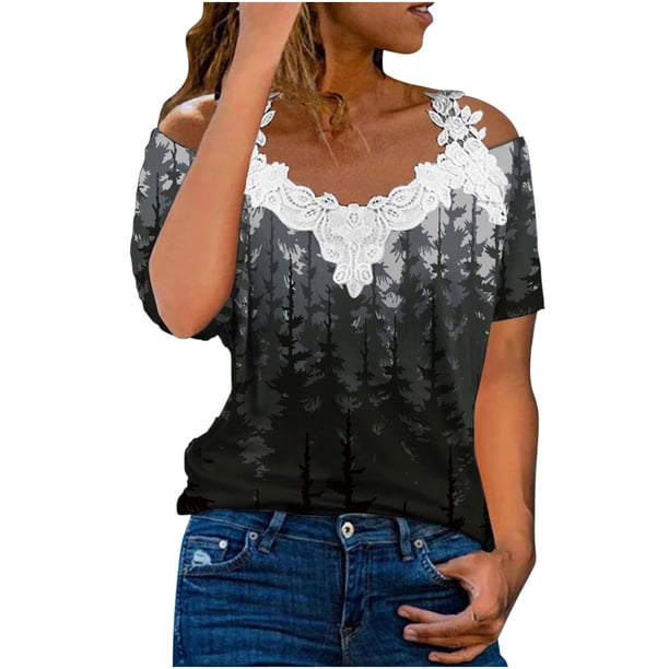 Blusa informal de manga corta con cuello en V y encaje con hombros descubiertos para mujer OAVQHLG3B Store lin121212