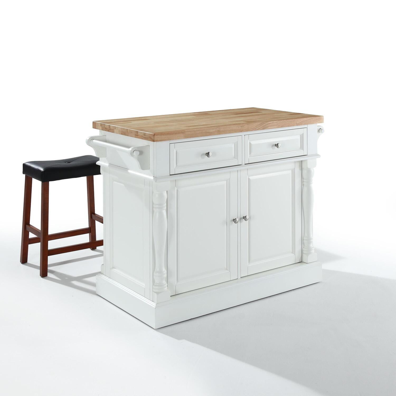 OXFORD BUTCHER BLOCK TOP KITCHEN ISLAND IN WHITE FINISH WITH 24 BLACK UPHOLSTERED SADDLE STOOLS