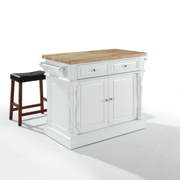 OXFORD BUTCHER BLOCK TOP KITCHEN ISLAND IN WHITE FINISH WITH 24" BLACK UPHOLSTERED SADDLE STOOLS