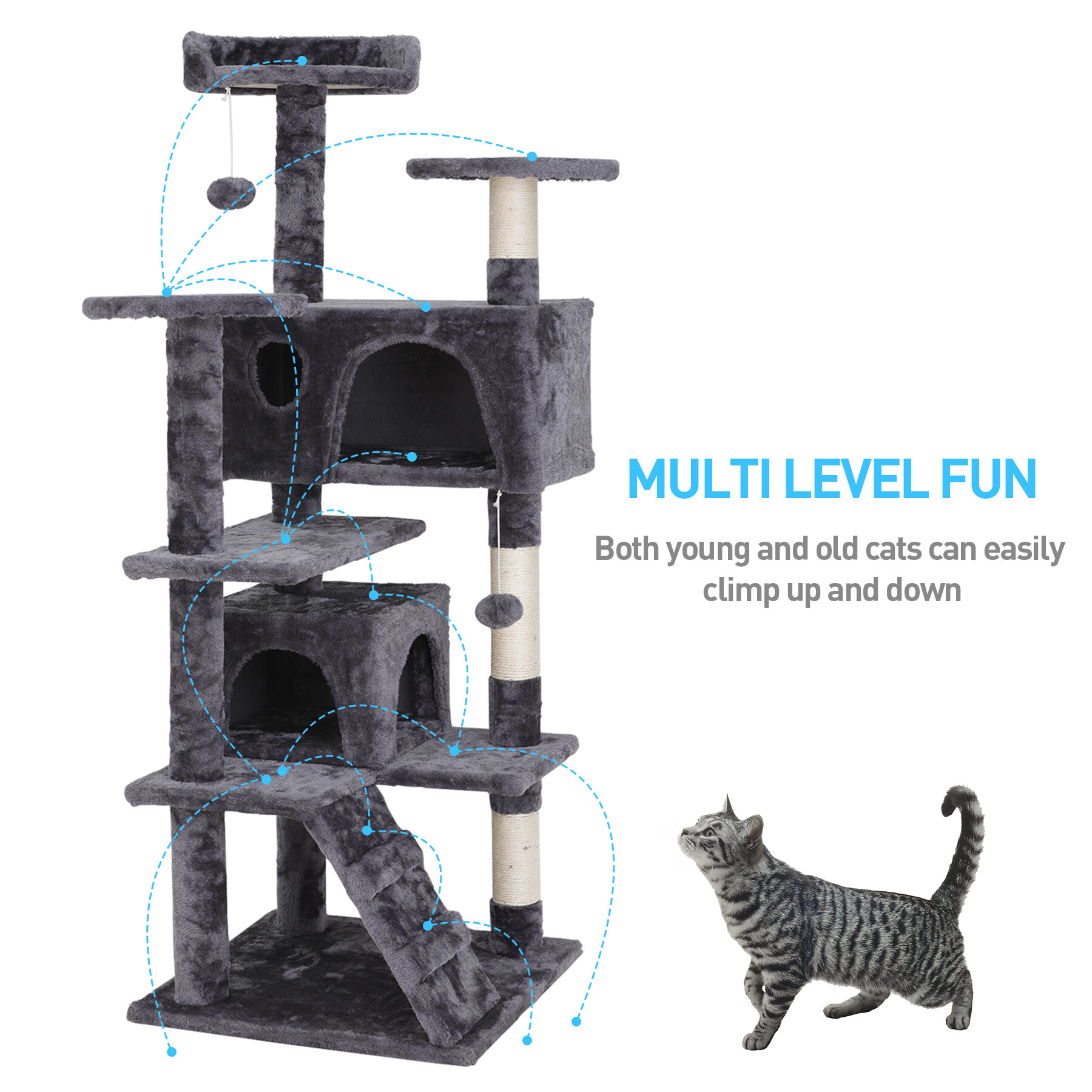 Zenstyle 53-in Cat Tree & Condo Scratching Post Tower, Dark Gray - image 13 of 14