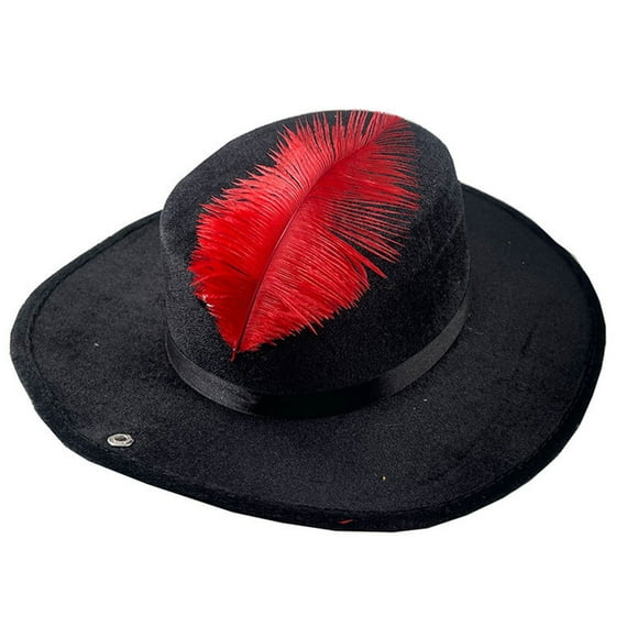 Gupgi Men Women Pirate Hats Adult Black Wide Brim Hat Feather Decorations Party Caps for Masquerade Cosplay Props
