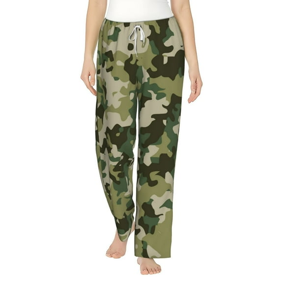 Women Comfy Pajama Pants Lounge Bottoms Long Wide Leg, Military Camouflage Green Camo