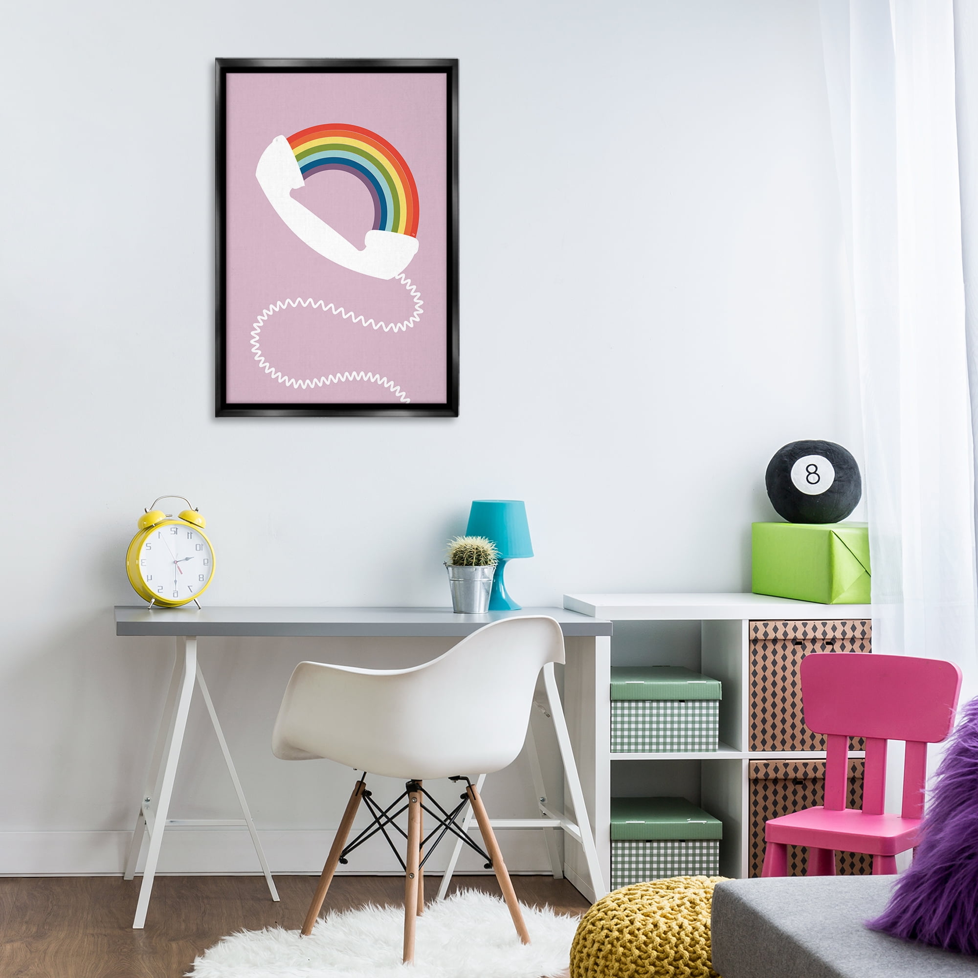 Stupell Industries Rainbow Phone on Pink Novelty Painting Black Floater Framed Art Print Wall Art, 21 x 31