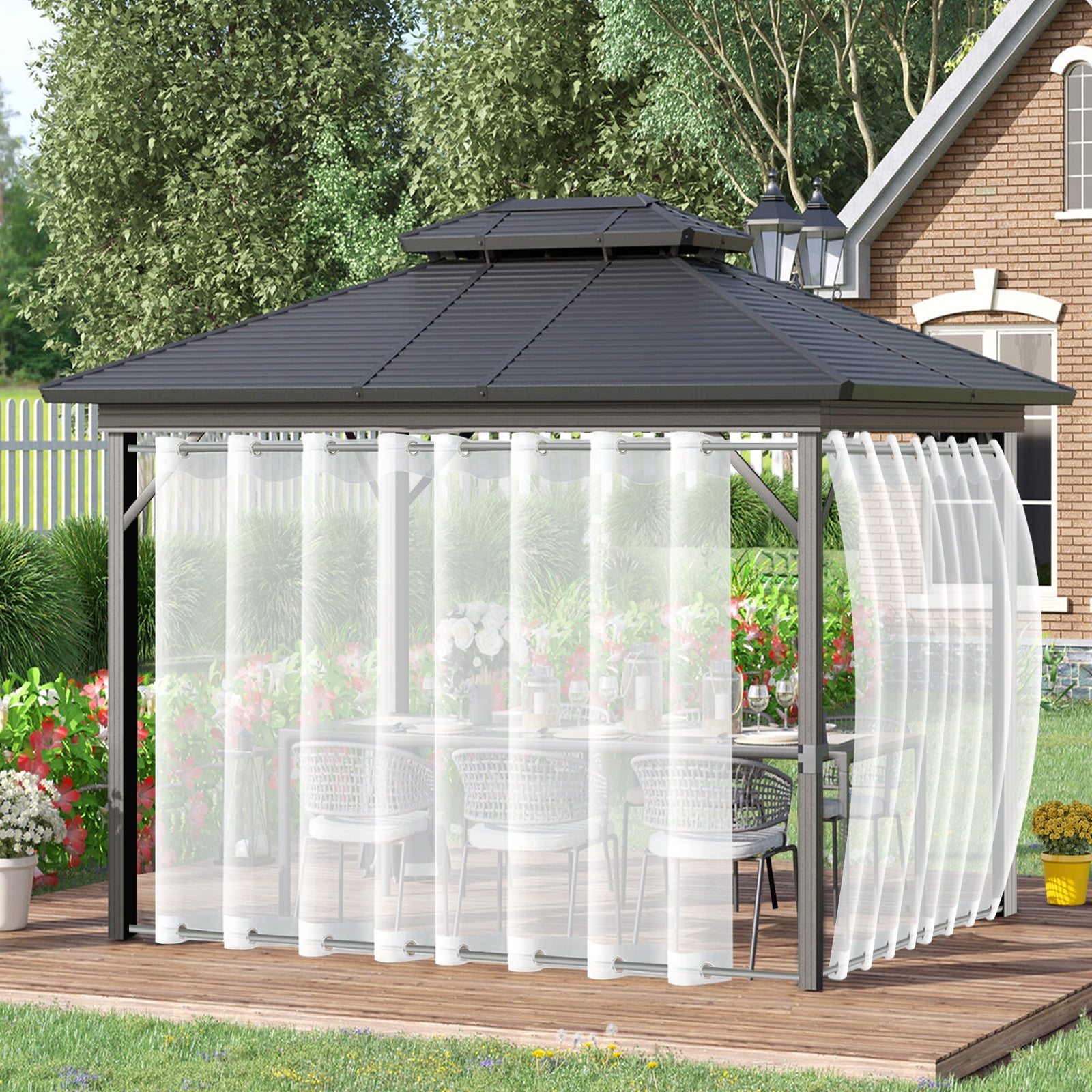 Qelus Outdoor Sheer Curtains for Patio Waterproof, 71in Wide Sheer Curtain Top & Bottom Grommet Windproof Outdoor Curtain for Porch Yard, 1 Panel, White