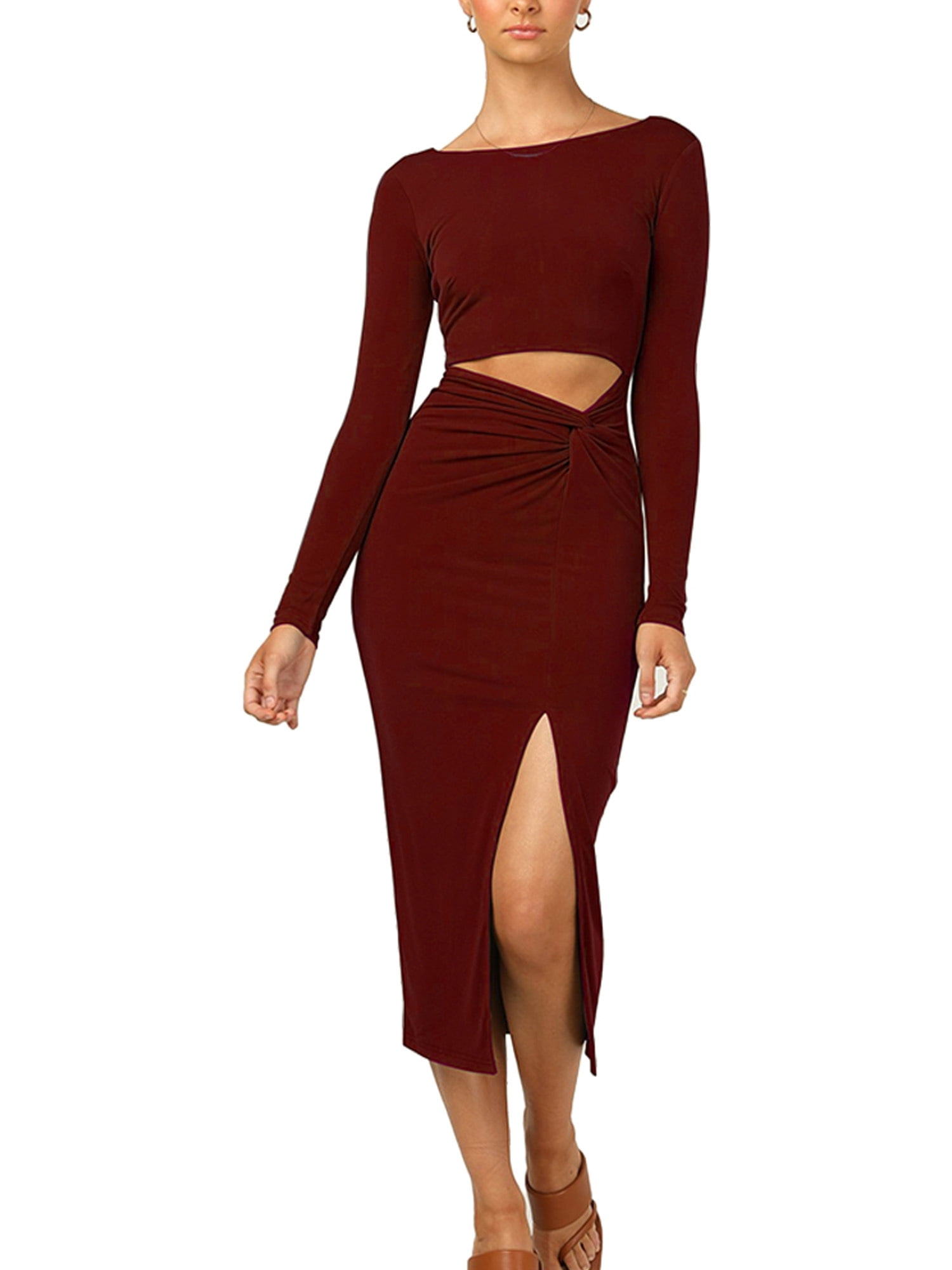 Eleluny Womens Long Sleeve Bodycon Midi Dress Sexy Twist Cut Out Side Slit Dresses Party
